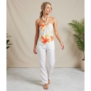 THIRTY/THIRTY Floral Halter Top Orange Yellow Shell Detail NWT